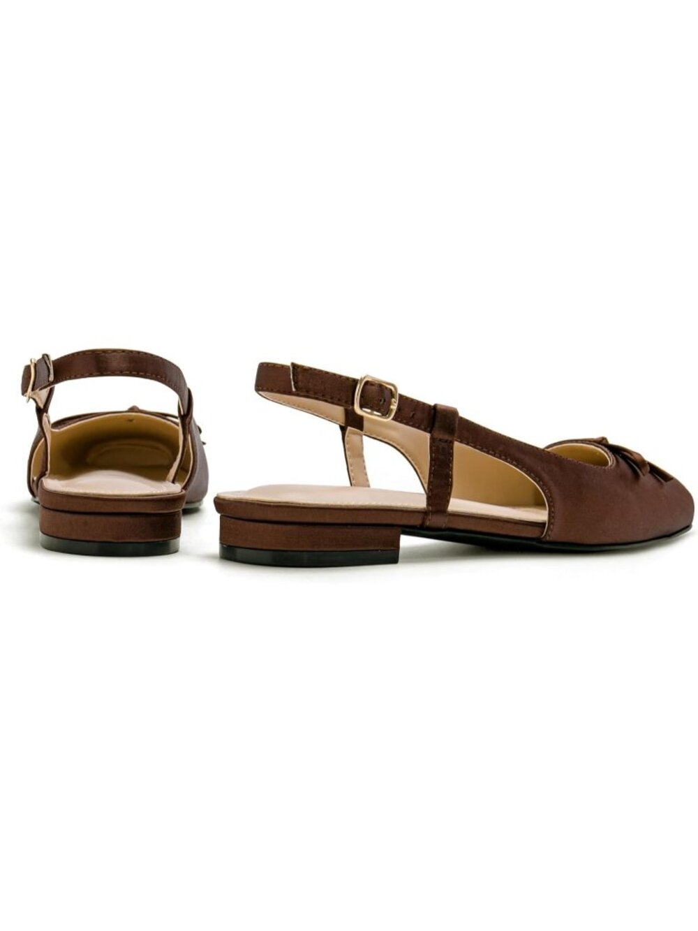 Women's Coffee Slingback Square Toe Bow Knit Ankle Buckle Satin Ballet Flats - Picture 4 of 7